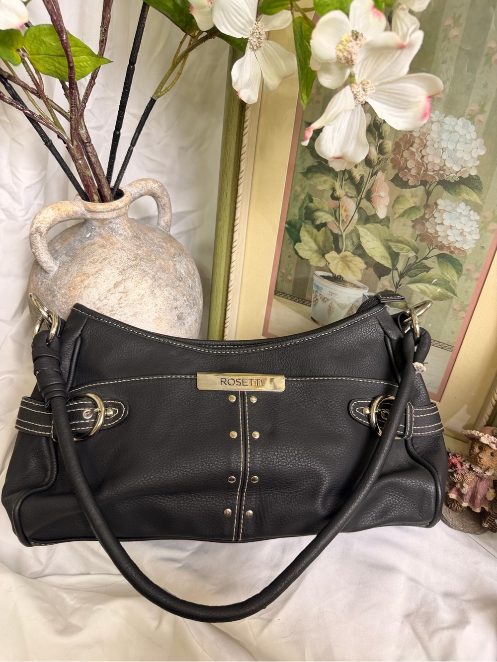Y2K Rosetti Black Faux Leather Shoulder Bag with Silver Hardware - Whimsigoth